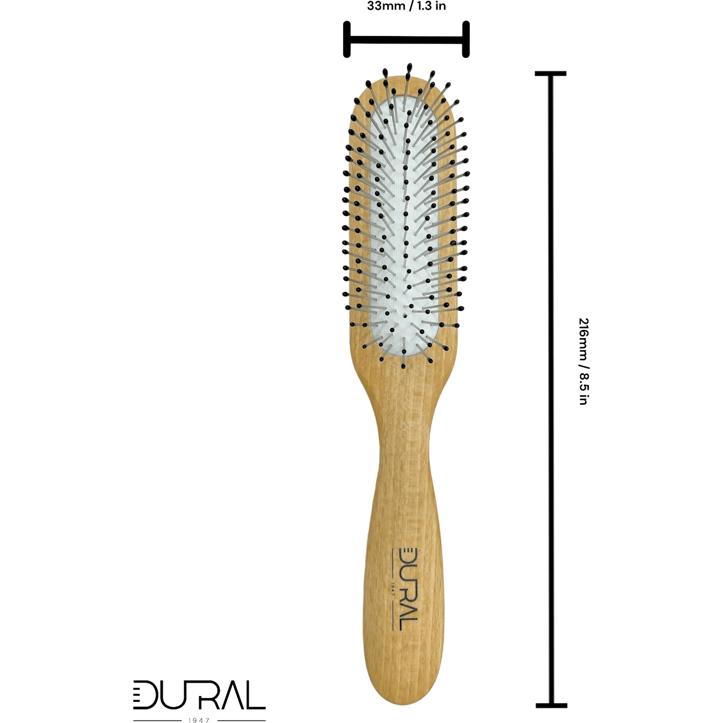 Dural Beech wood rubber cushion hair brush with steel pins and ball tips
