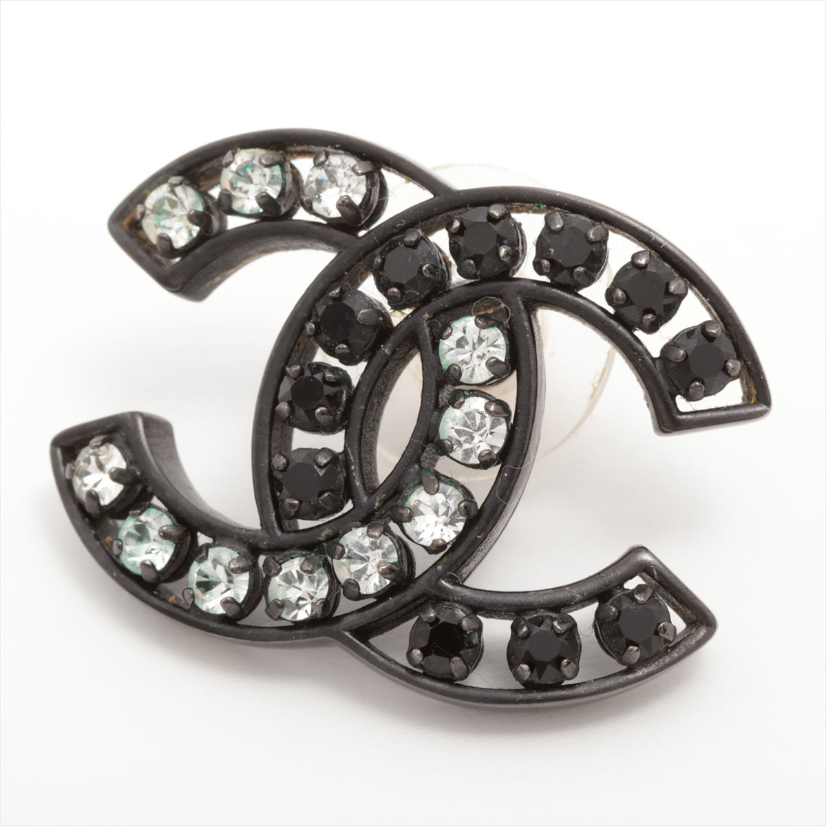 Chanel CC Logo Stud Earring Black x White Rhinestone