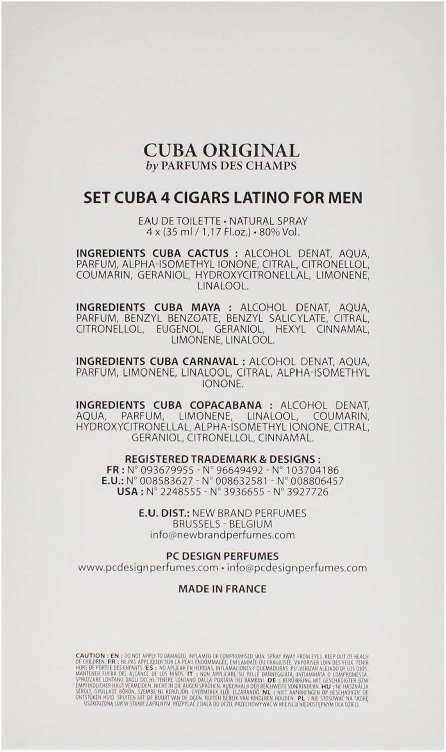 Cuba Latino Collection by Cuba for Men - 4 Pc Gift Set 1.17oz Cuba Copacabana EDT Spray, 1.17oz Cuba Maya EDT Spray, 1.17oz Cuba Carnaval EDT Spray, 1.17oz Cuba Cactus EDT Spray