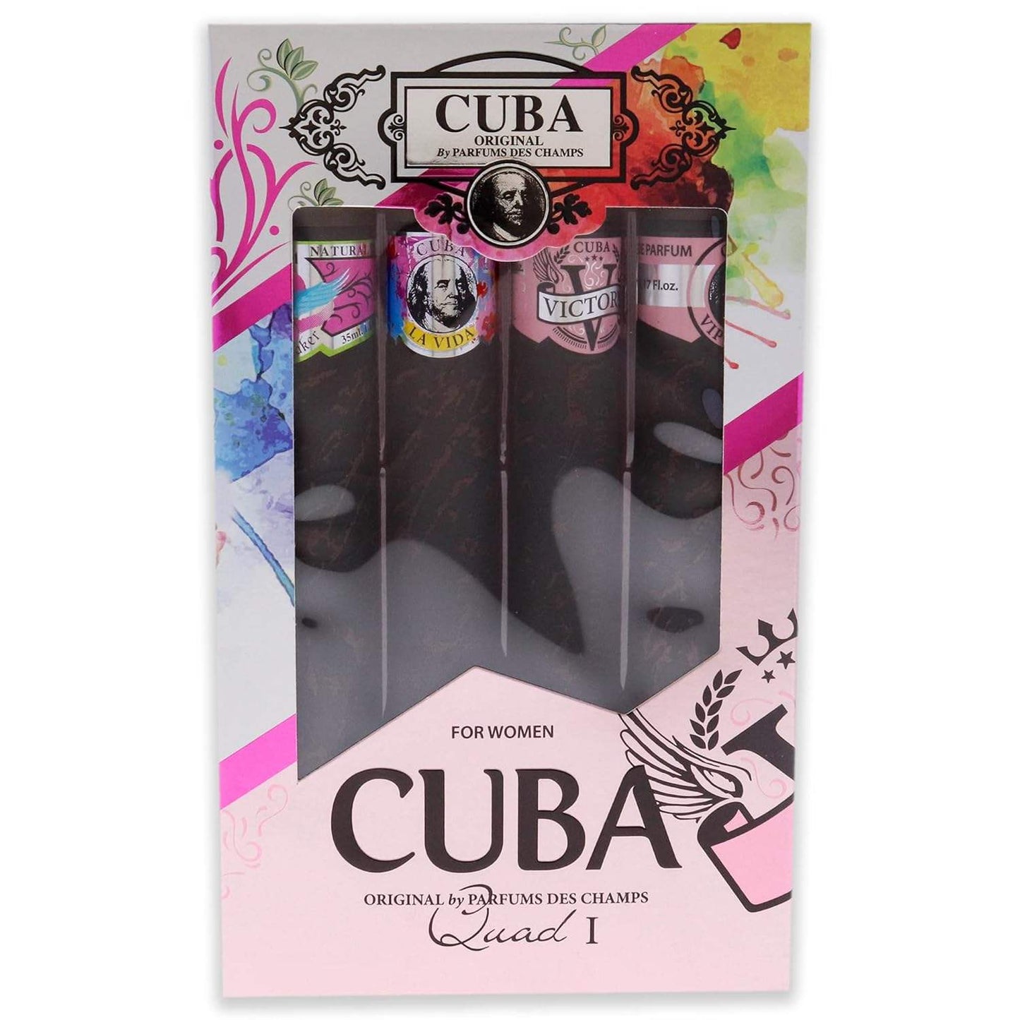 Cuba Quad I by Cuba for Women - 4 Pc Gift Set 1.17oz Cuba Heartbreak EDP Spray, 1.17oz Cuba La Vida EDP Spray, 1.17oz Cuba Victory EDP Spray, 1.17oz Cuba VIP EDP Spray
