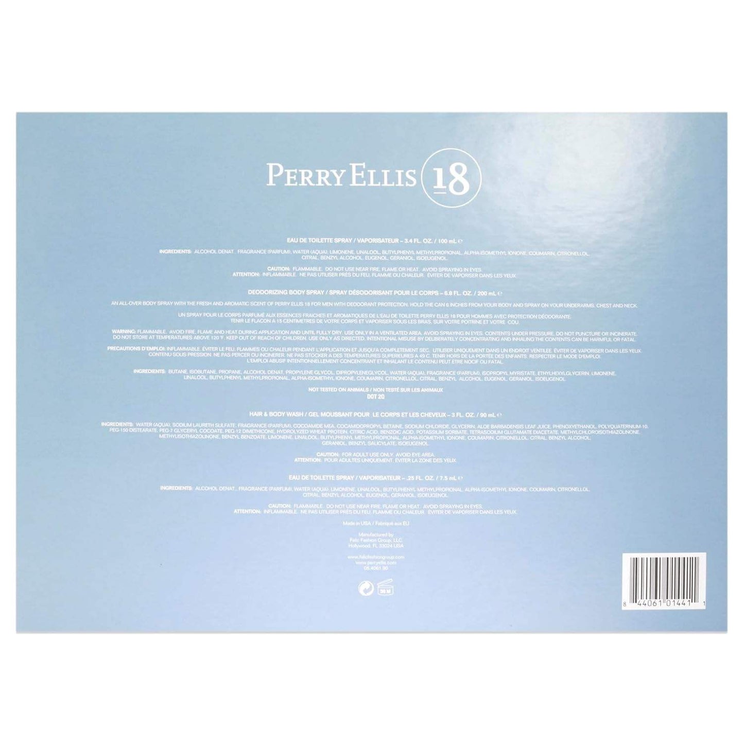 Perry Ellis 18 by Perry Ellis for Men - 4 Pc Gift Set 3.4oz EDT Spray, 0.25oz EDT Spray, 6oz Body Spray, 3oz Hair and Body Wash