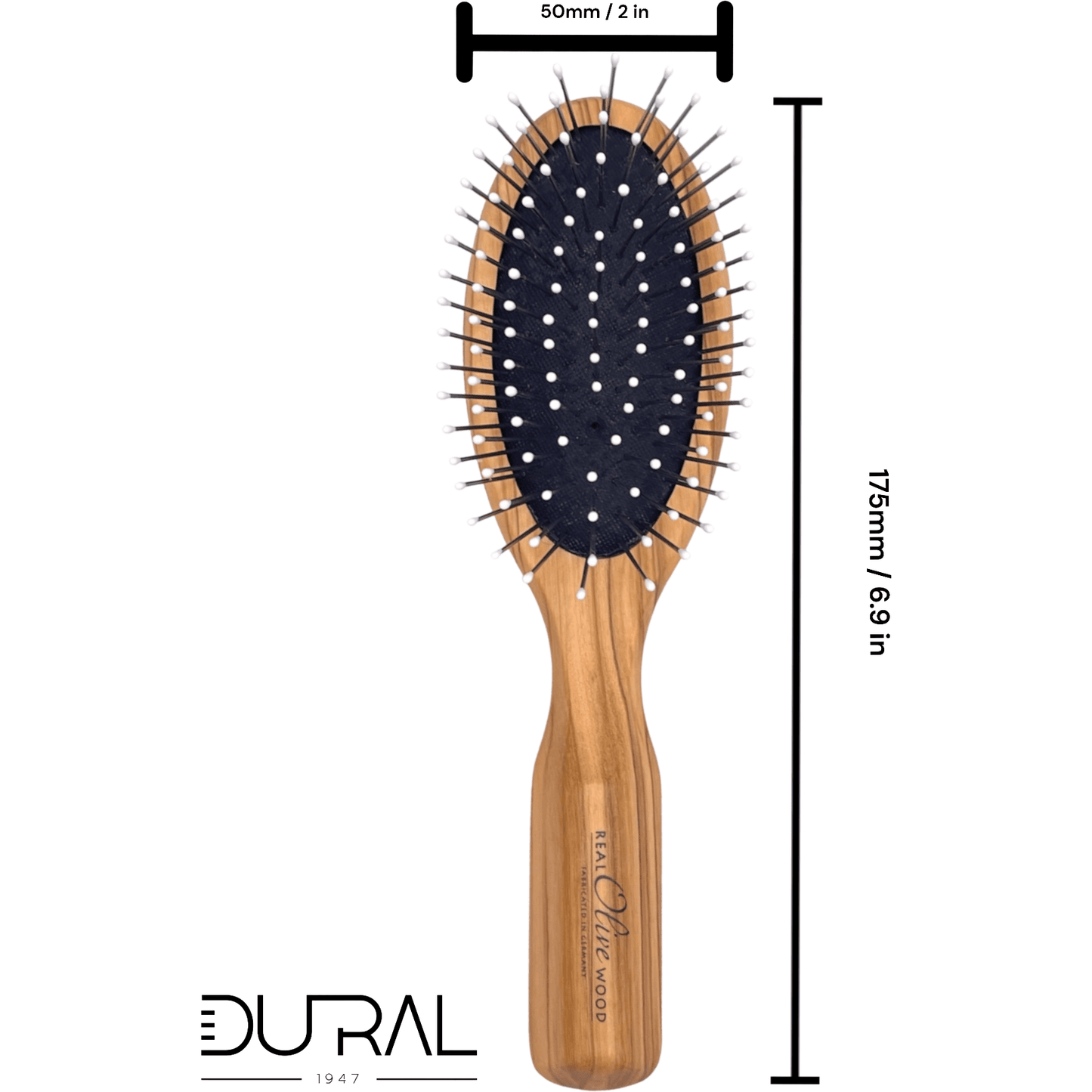 Dural Olive wood hair brush with rubber cushion, steel pins with ball tips