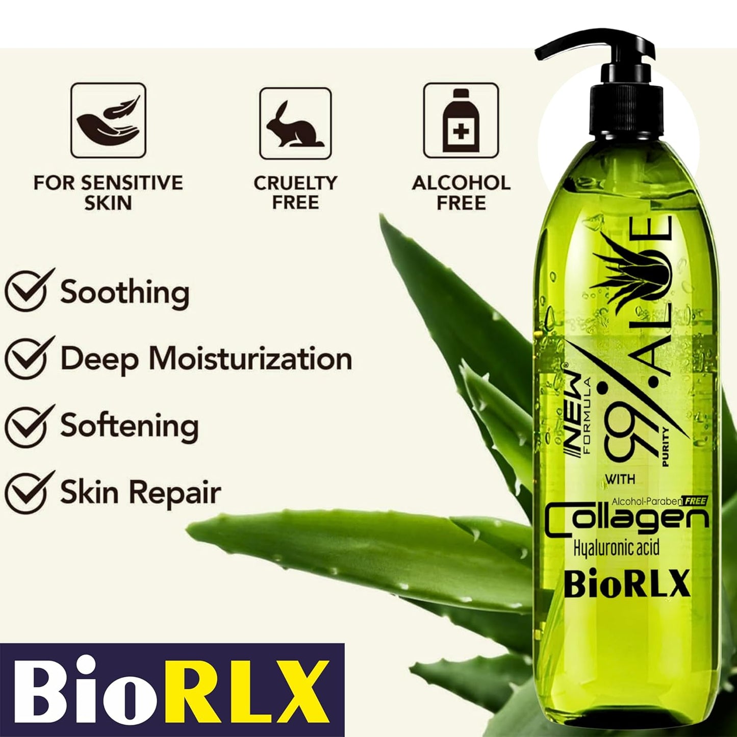 BioRLX 99% Purity Aloe Vera Gel with Collagen and Hyaluronic Acid with Pomp 250ml 8.45 fl oz