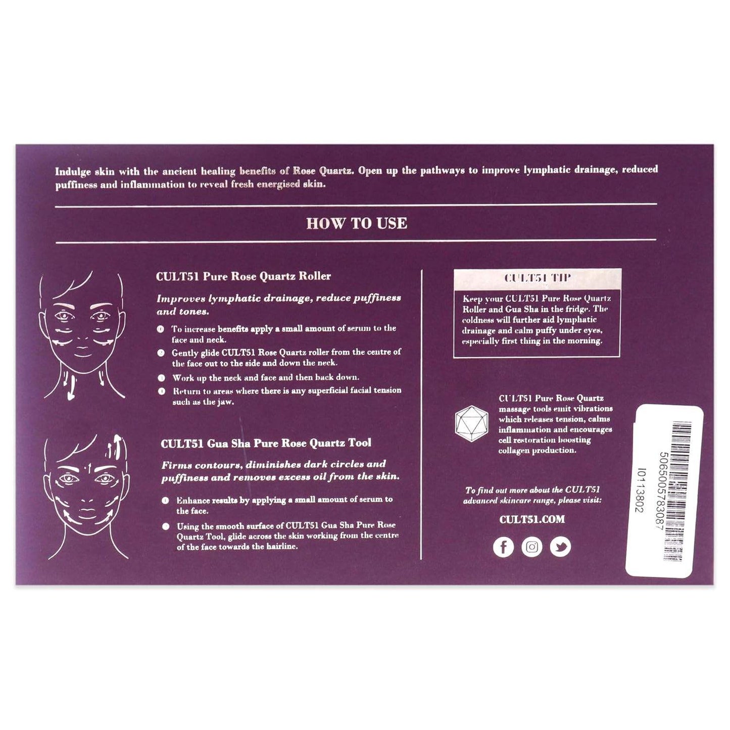 Anti-Ageing Facial Massage Tools by Cult51 for Unisex - 2 Pc Pure Rose Quartz Roller, Gua Sha Tool