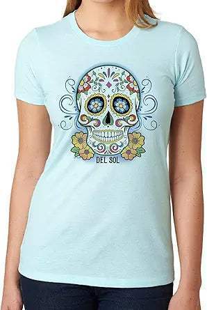 Girls Crew Tee - Day of the Dead - Ice Blue by DelSol for Women - 1 Pc T-Shirt (Large)