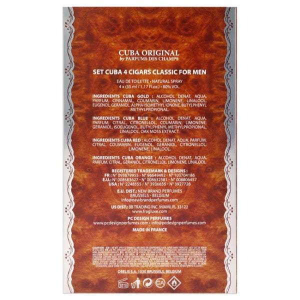 Cuba by Cuba for Men - 4 Pc Gift Set 1.17oz Cuba Gold, 1.17oz Cuba Blue, 1.17oz Cuba Red, 1.17oz Cuba Orange