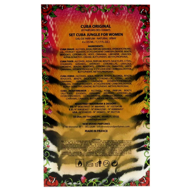 Cuba Jungle by Cuba for Women - 4 Pc Gift Set 1.17oz Cuba Snake EDP Spray, 1.17oz Cuba Tiger EDP Spray, 1.17oz Cuba Zebra EDP Spray, 1.17oz Cuba Heartbreak EDP Spray