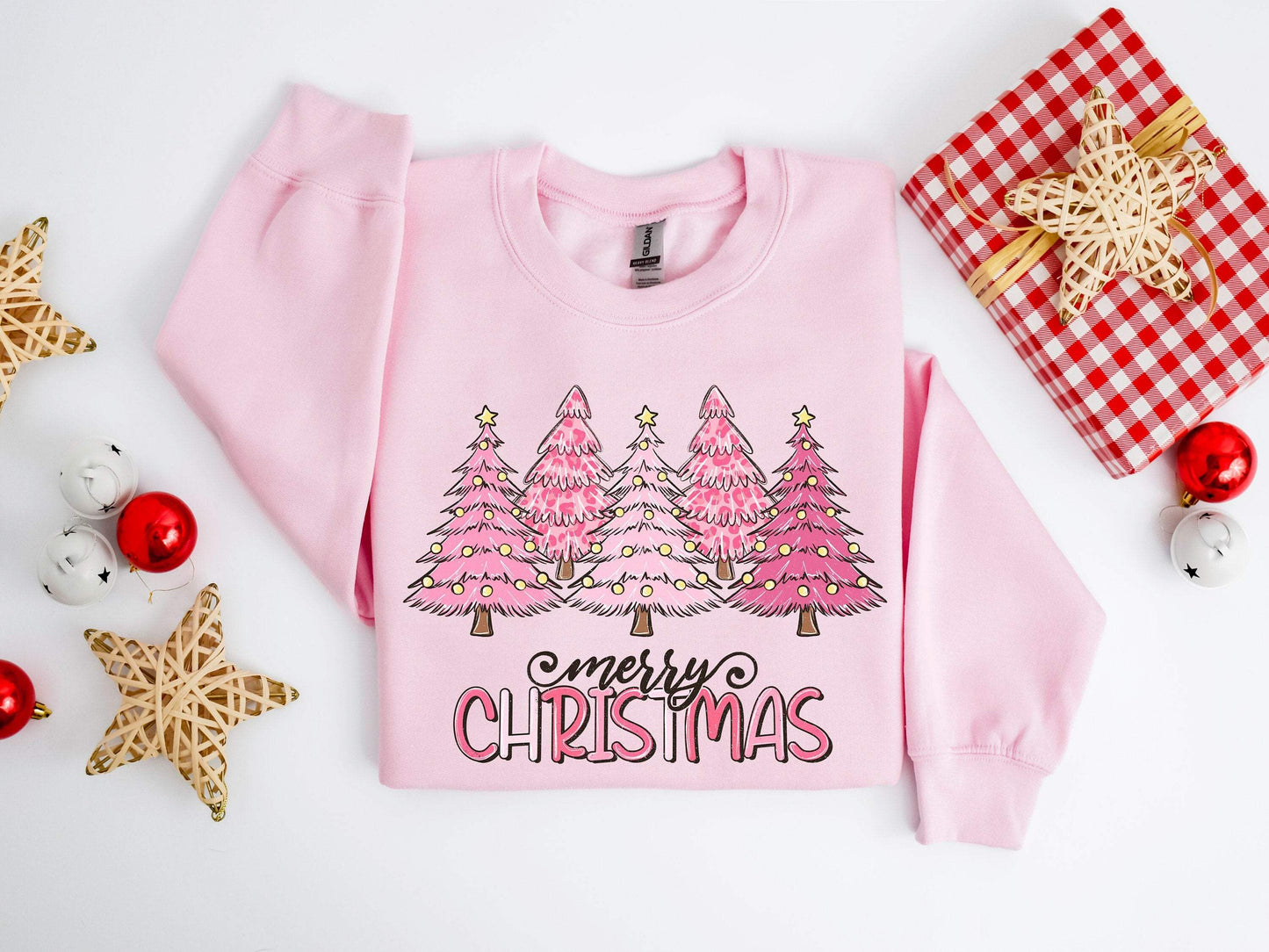 Pink Tree Christmas Sweater, Christmas Sweater, Christmas Crewneck, Christmas Tree 100% Cotton T-shirt High Quality