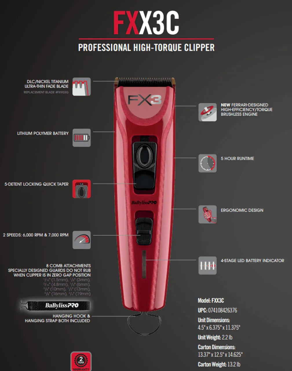 BaByliss Pro Red FX3 High Torque Cordless Clipper