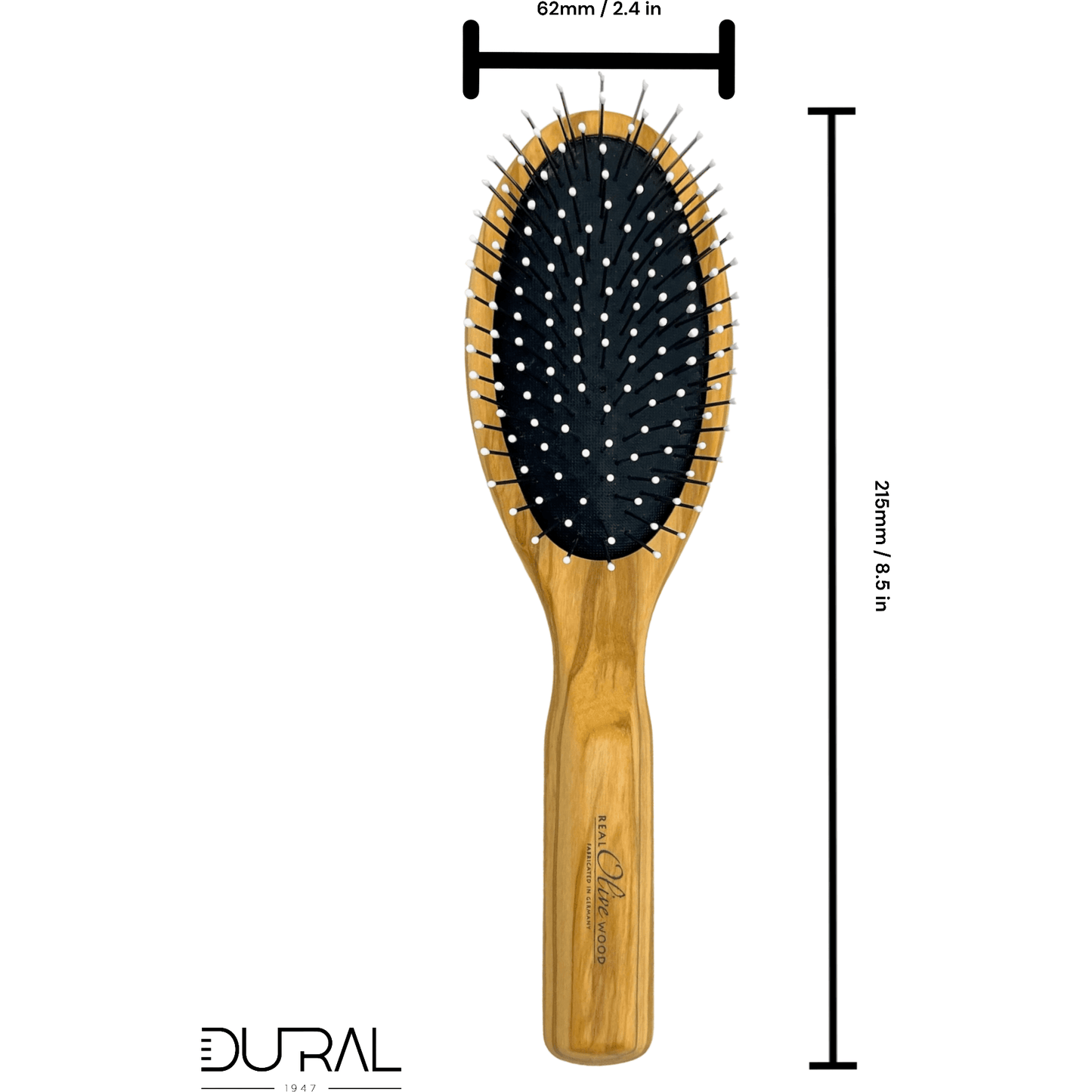 Dural Olive wood rubber cushion hair brush with steel pins and ball tips