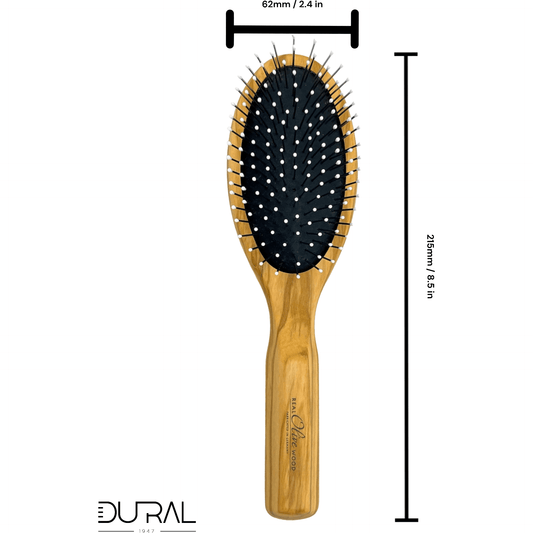 Dural Olive wood rubber cushion hair brush with steel pins and ball tips