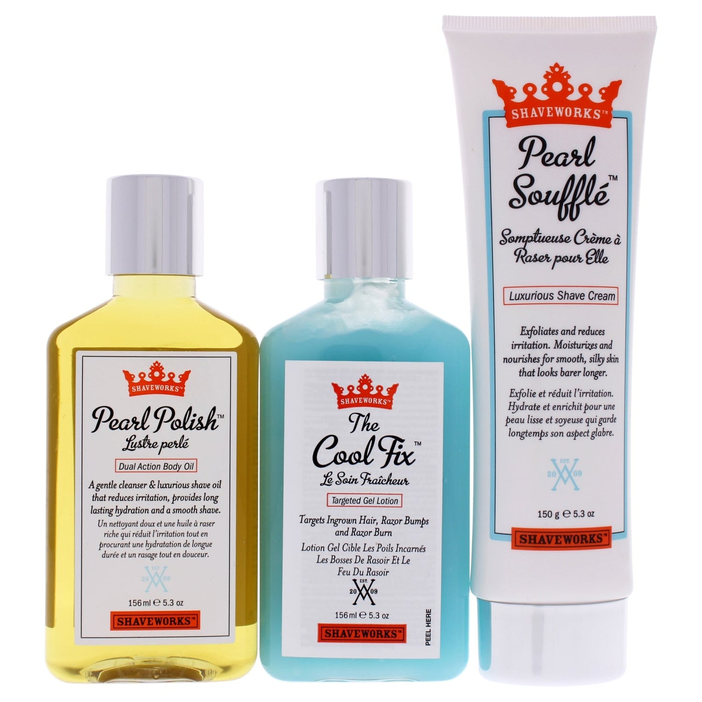 The Works Bare Perfection Kit by Shaveworks for Unisex - 3 Pc 5.3oz Cool Fix Gel Lotion, 5.3oz Pearl Souffle Shave Cream, 5.3oz Pearl Polish Dual Action Body Oil