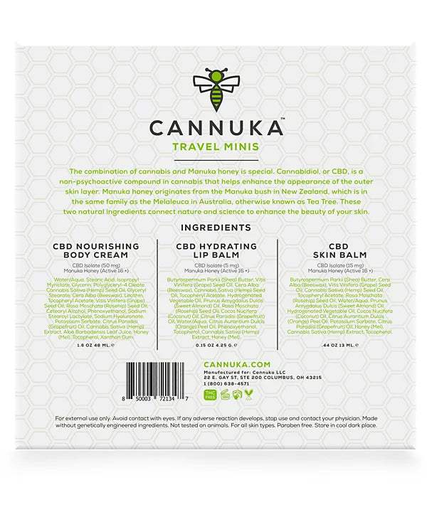 Cannuka Travel Minis by Cannuka for Unisex - 3 Pc 0.44oz CBD Skin Balm, 1.6oz CBD Nourishing Body Cream, 0.15oz CBD Hydrating Lip Balm