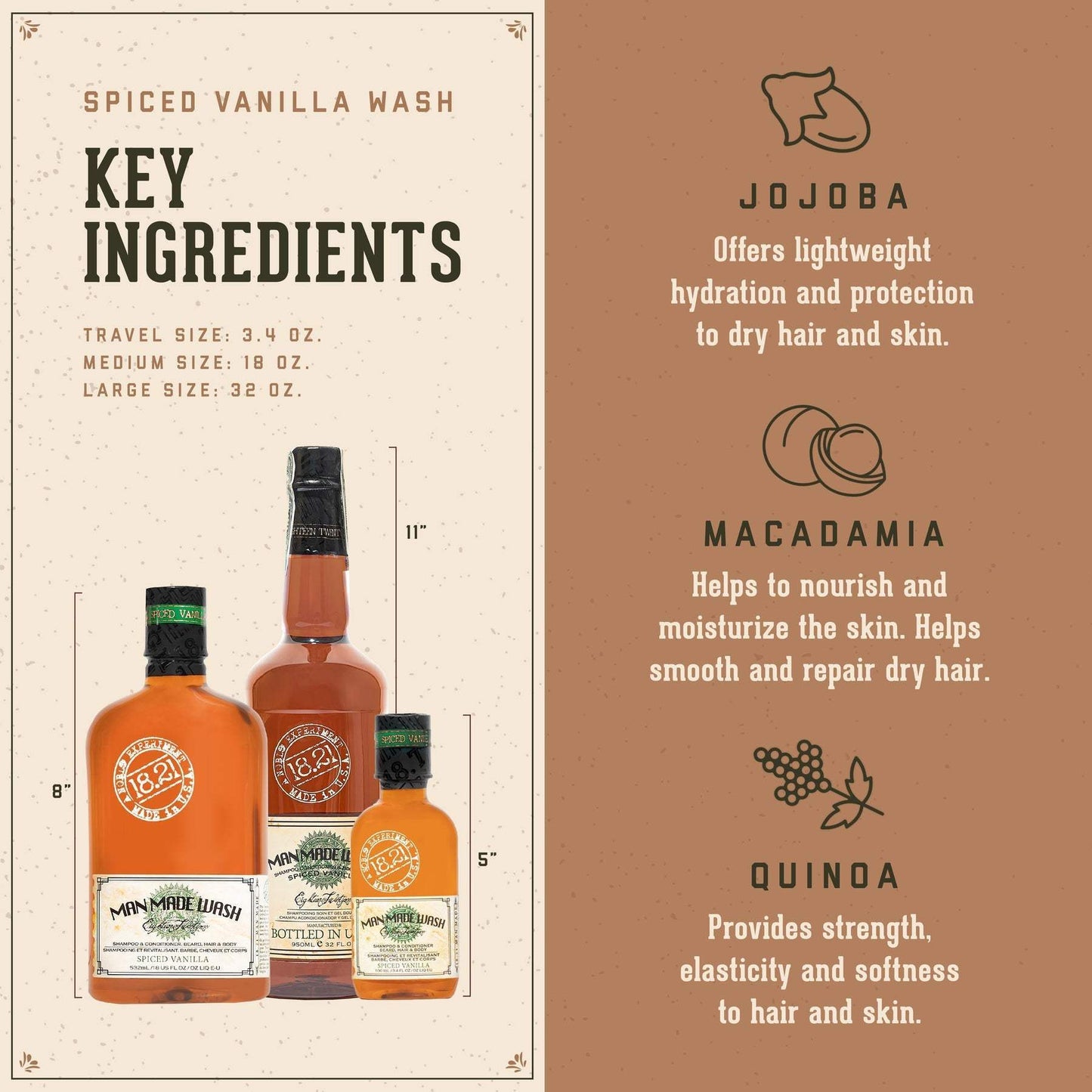 Man Made Wash - Spiced Vanilla by 18.21 Man Made for Men - 18 oz 3-In-1 Shampoo, Conditioner and Body Wash