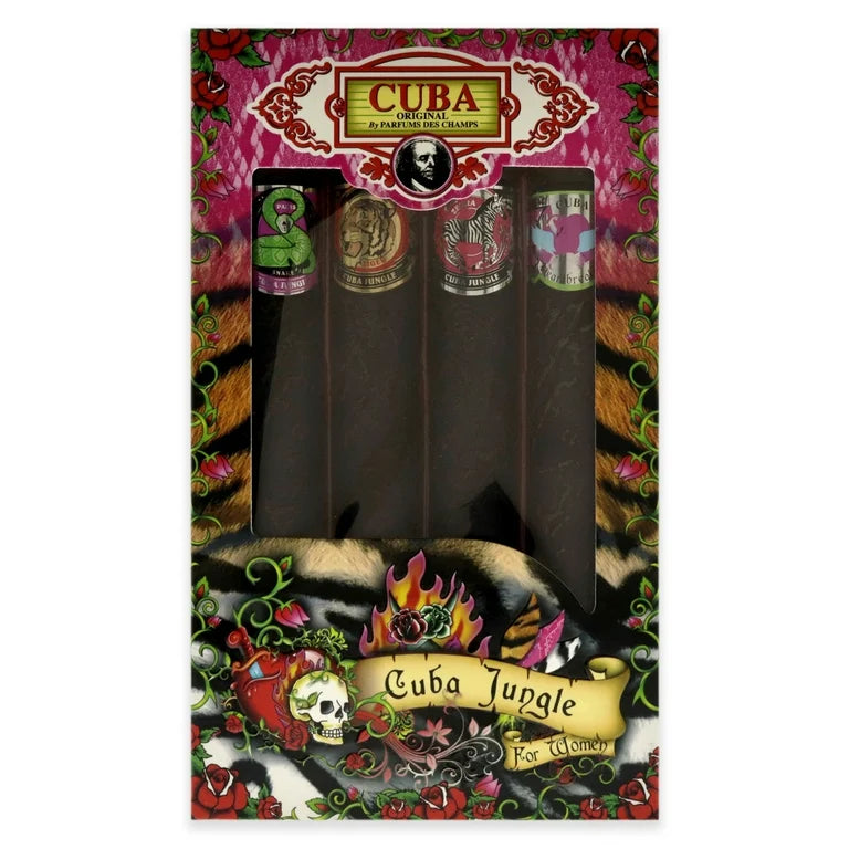 Cuba Jungle by Cuba for Women - 4 Pc Gift Set 1.17oz Cuba Snake EDP Spray, 1.17oz Cuba Tiger EDP Spray, 1.17oz Cuba Zebra EDP Spray, 1.17oz Cuba Heartbreak EDP Spray
