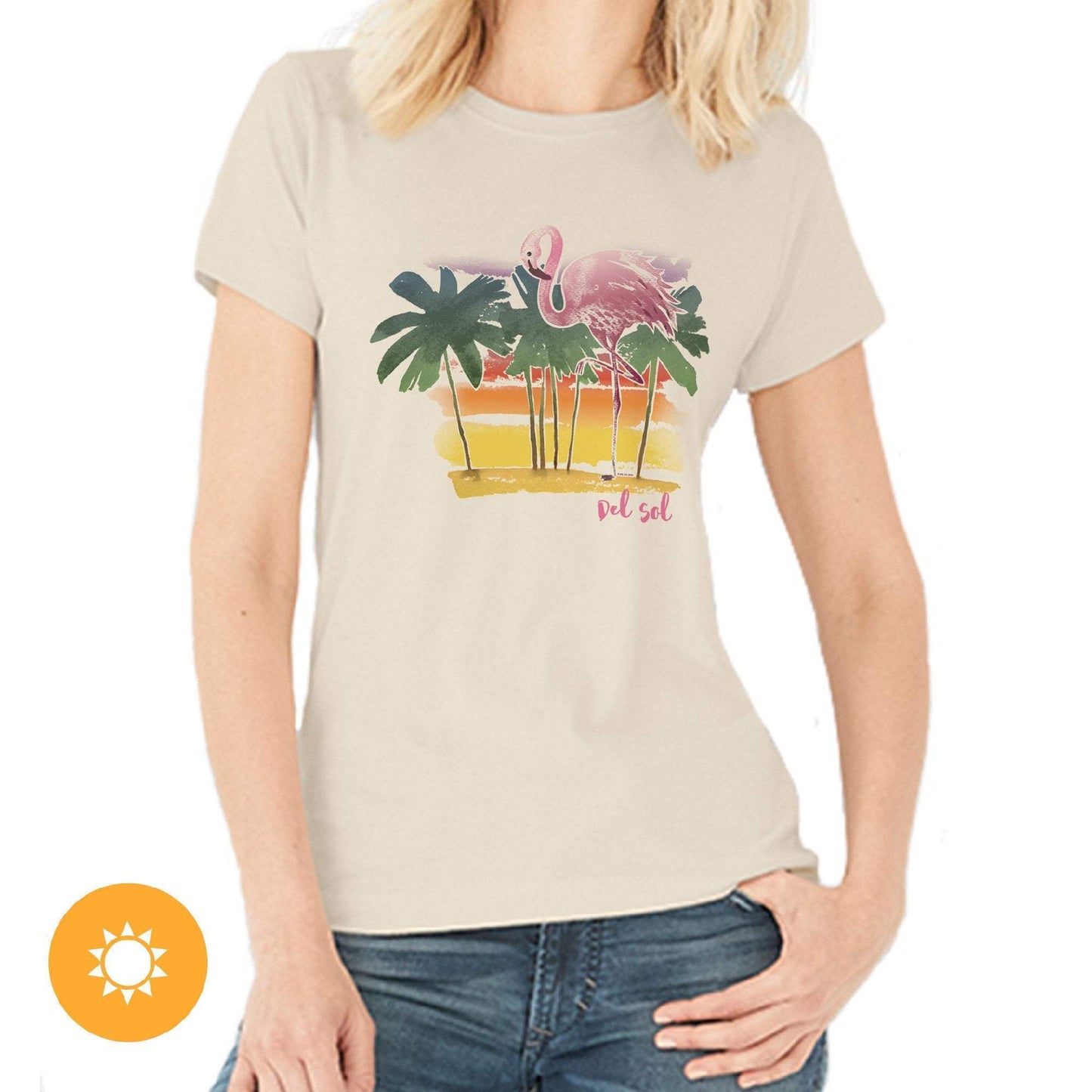 Women Crew Tee - Watercolor Flamingo - Beige by DelSol for Women - 1 Pc T-Shirt (Small)