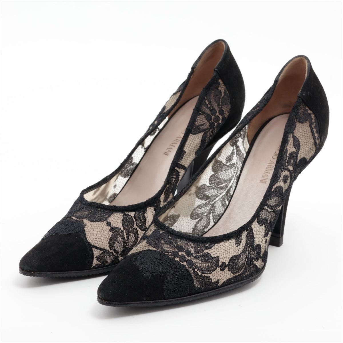 Giorgio Armani Floral Lace×Suede Pump Black