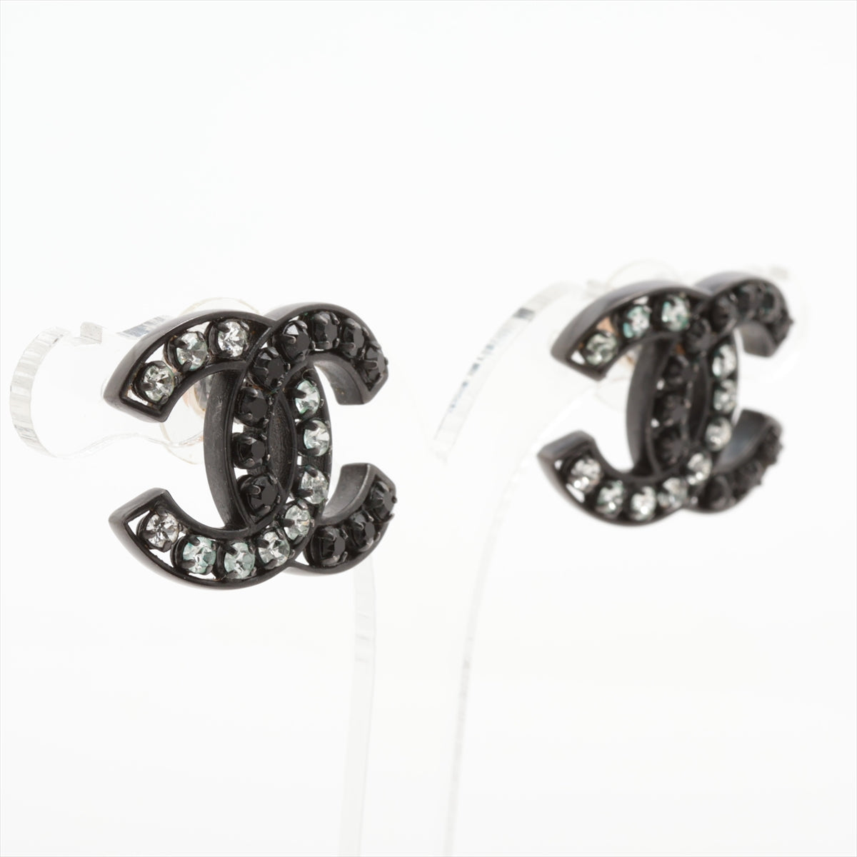 Chanel CC Logo Stud Earring Black x White Rhinestone