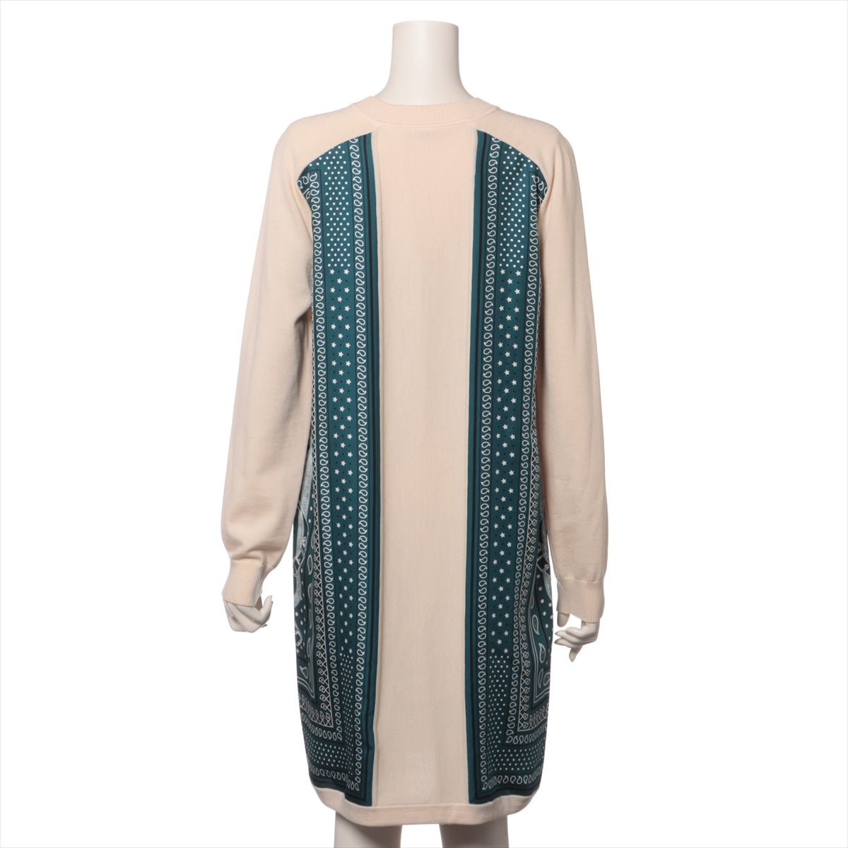 Hermes Eperon d'or Golden Spur Silk/Wool Long Sleeve Vintage Dress Blue x Ivory