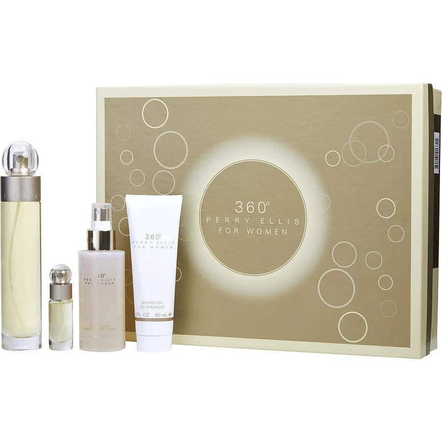 360 by Perry Ellis for Women - 4 Pc Gift Set 3.4oz EDT Spray, 4oz Body Mist Spray, 3oz Shower Gel, 0.25oz EDT Spray