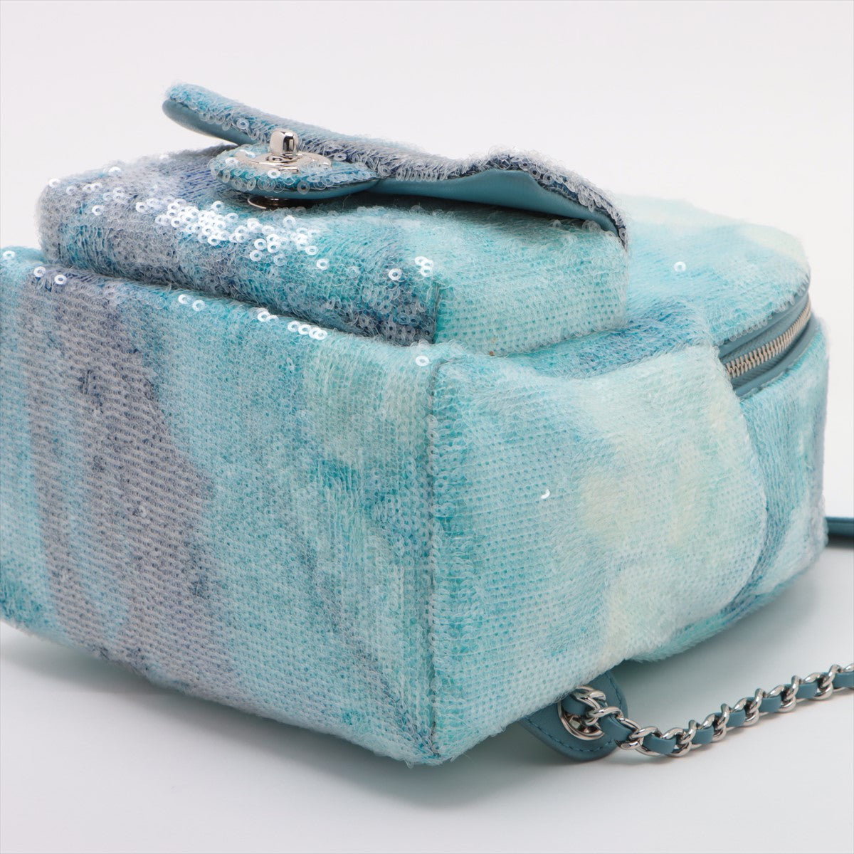 Chanel CC Logo Waterfall Sequins Leather Chain Backpack Light Blue