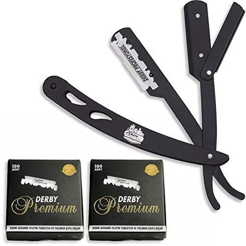 The Shave Factory Straight Edge Razor Kit (Black / 200 Derby Premium Single Edge Razor Blades) - BarberSets