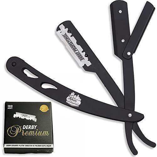 The Shave Factory Straight Edge Razor Kit (Black / 100 Derby Premium Single Edge Razor Blades) - BarberSets