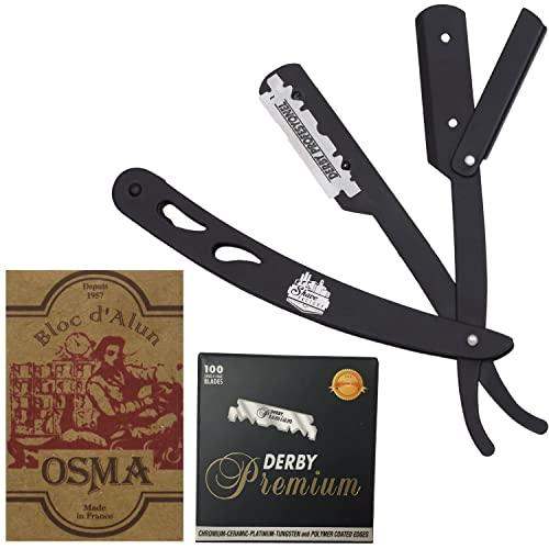 The Shave Factory Straight Edge Razor Kit (Black / 100 Derby Premium Single Edge Razor Blades/Osma Alum Block) - BarberSets