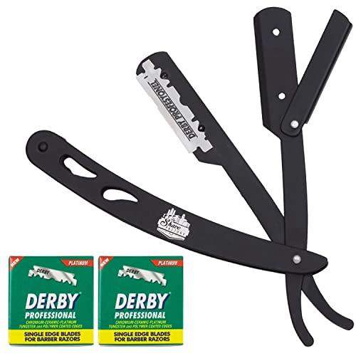 The Shave Factory Straight Edge Razor Kit (Black / 200 Derby Professional Single Edge Razor Blades) - BarberSets