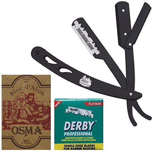 The Shave Factory Straight Edge Razor Kit (Black /100 Derby Professional Single Edge Razor Blades/Osma Alum Block) - BarberSets
