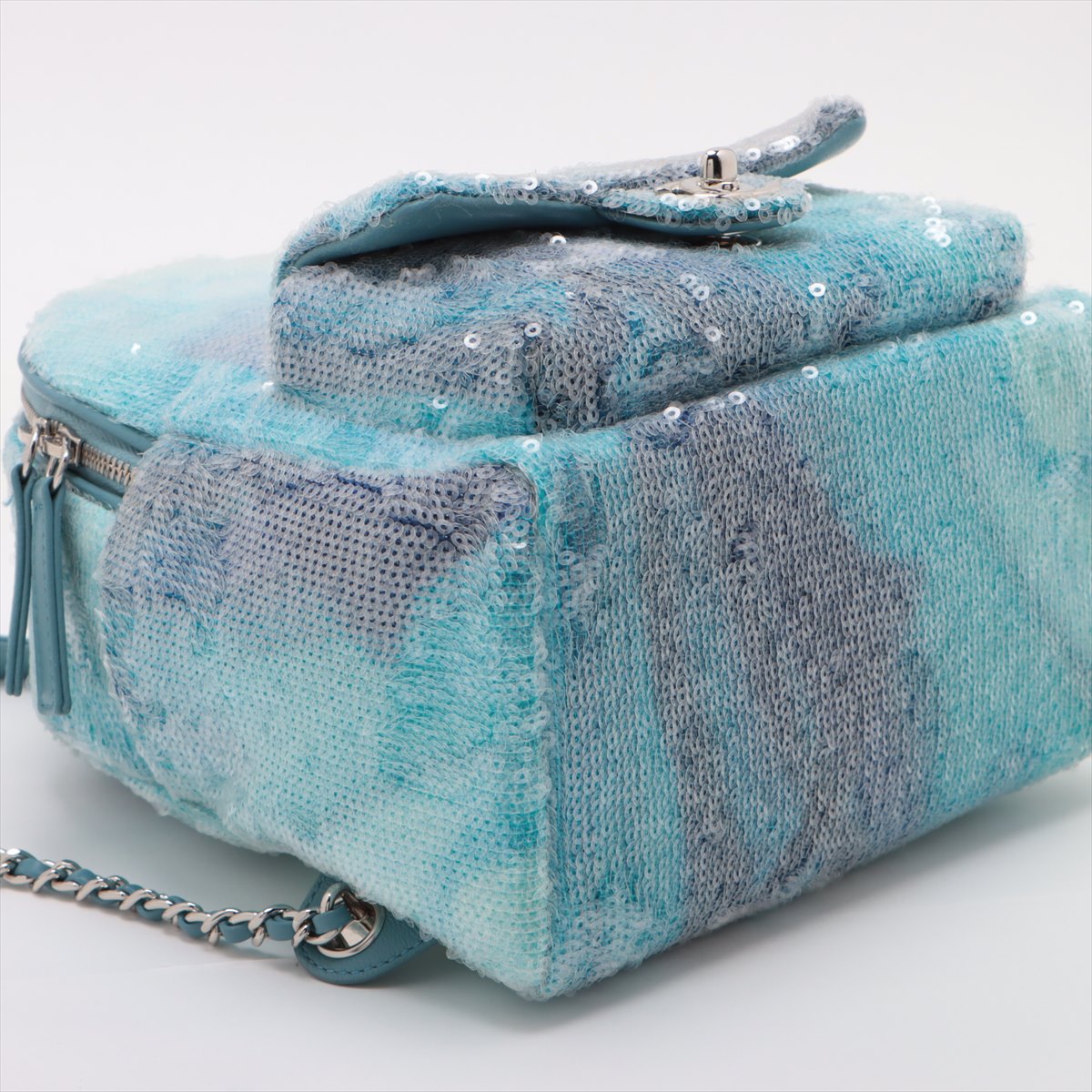 Chanel CC Logo Waterfall Sequins Leather Chain Backpack Light Blue