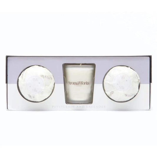 Light Candle Set - Petitgrain and Lavender by Aromaworks for Unisex - 3 Pc 2.65oz Candle, 2 Mini AromaBomb