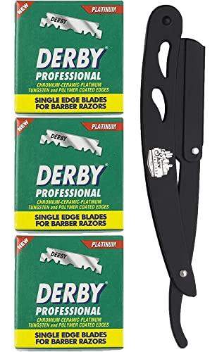 The Shave Factory Straight Edge Razor Kit (Black / 300 Derby Professional Single Edge Razor Blades) - BarberSets