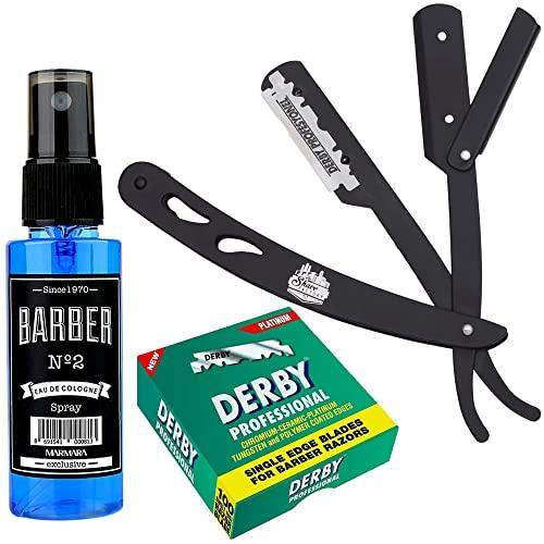 The Shave Factory Straight Edge Razor Kit (Black/Barber No2 Cologne 50ml / 100 Derby Professional Single Edge Razor Blades) - BarberSets