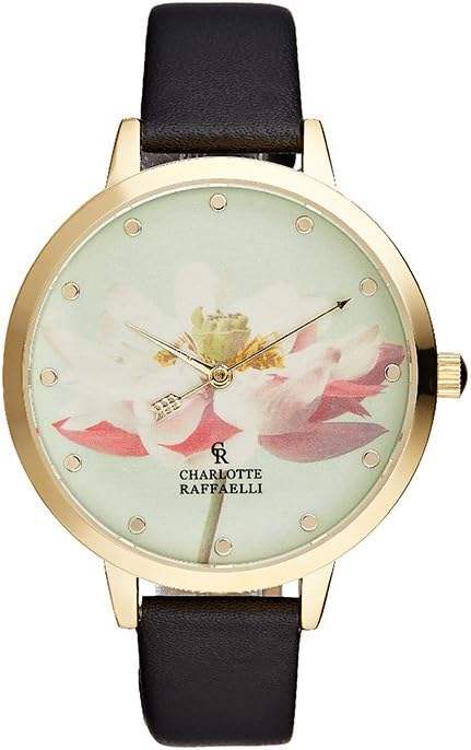 CRF008 La Florale - Gold/Black Leather Strap Watch by Charlotte Raffaelli for Women - 1 Pc Watch