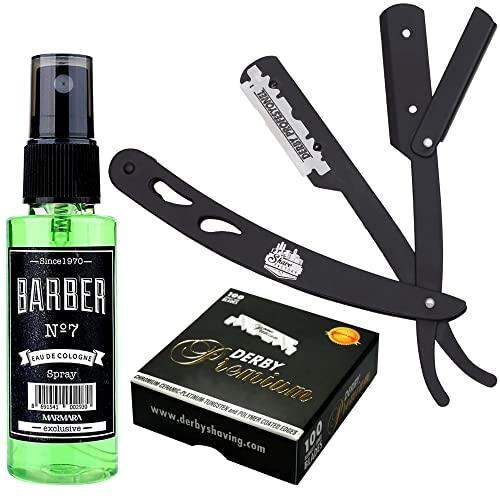The Shave Factory Straight Edge Razor Kit (Black/Barber No7 Cologne 50ml / 100 Derby Premium Single Edge Razor Blades) - BarberSets