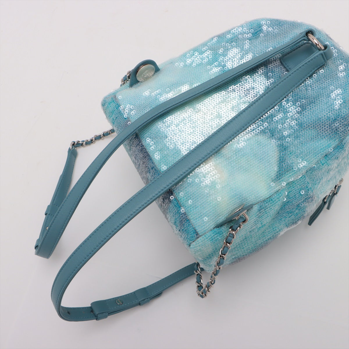 Chanel CC Logo Waterfall Sequins Leather Chain Backpack Light Blue