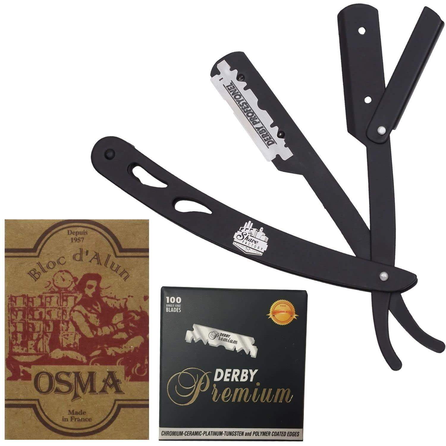 The Shave Factory Straight Edge Razor Kit (Black / 100 Derby Premium Single Edge Razor Blades/Osma Alum Block) - BarberSets