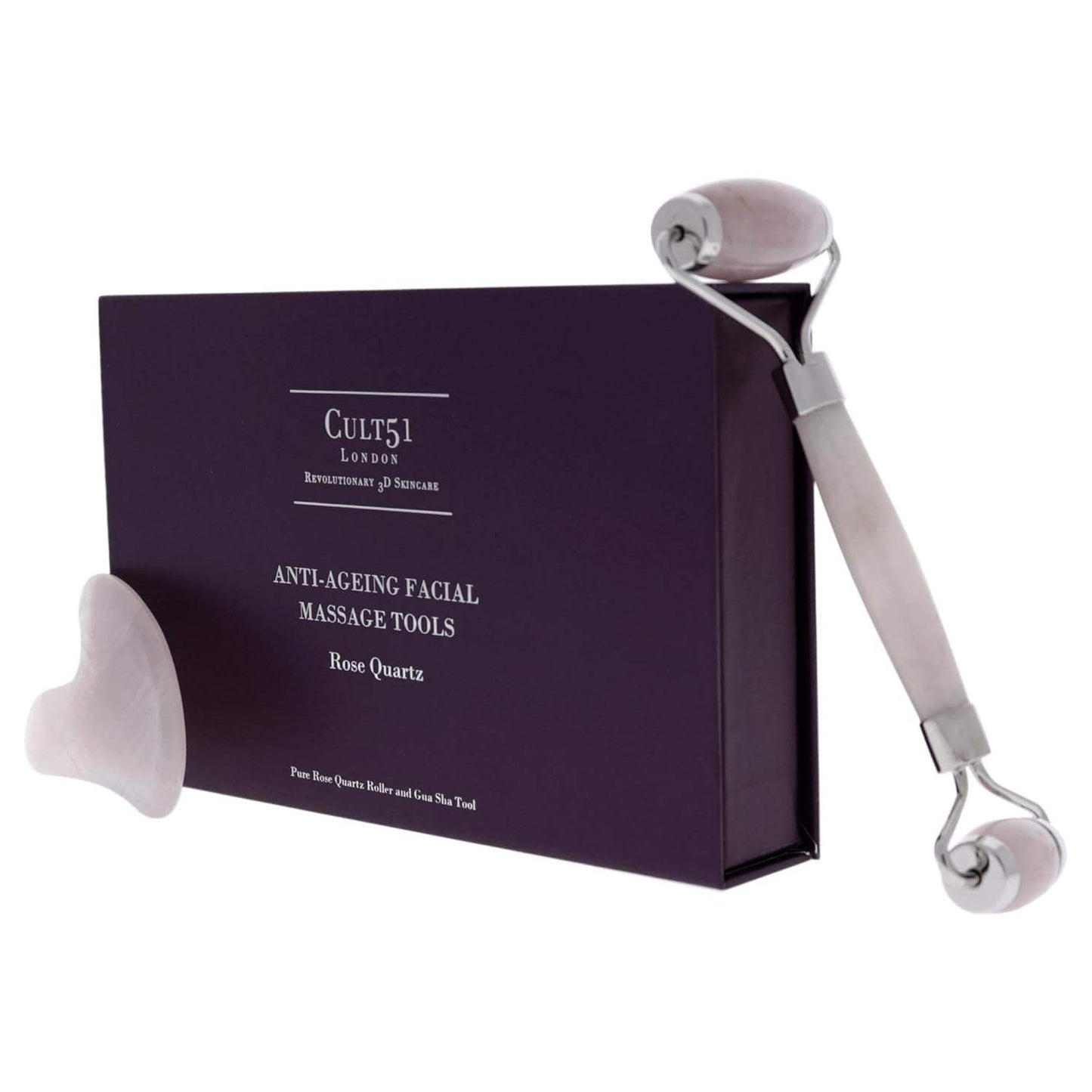 Anti-Ageing Facial Massage Tools by Cult51 for Unisex - 2 Pc Pure Rose Quartz Roller, Gua Sha Tool