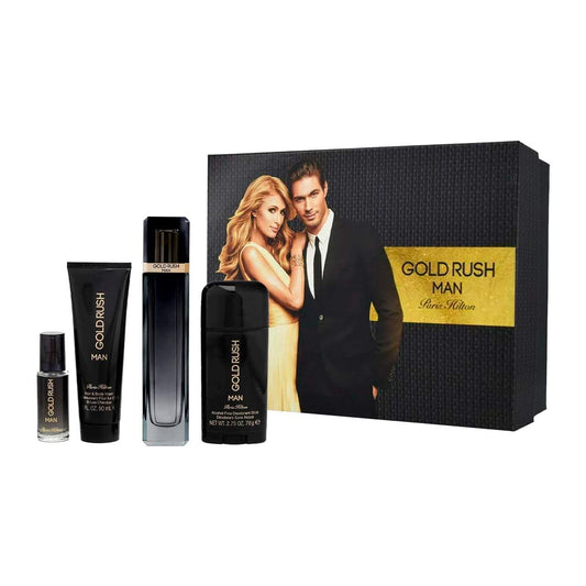 Gold Rush Man by Paris Hilton for Men - 4 Pc Gift Set 3.4oz EDT Spray, 0.5oz EDT Spray, 3.0oz Hair Body Wash, 2.75oz Alcohol Free Deodorant Stick