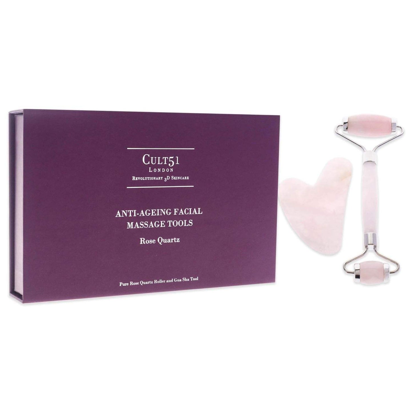 Anti-Ageing Facial Massage Tools by Cult51 for Unisex - 2 Pc Pure Rose Quartz Roller, Gua Sha Tool