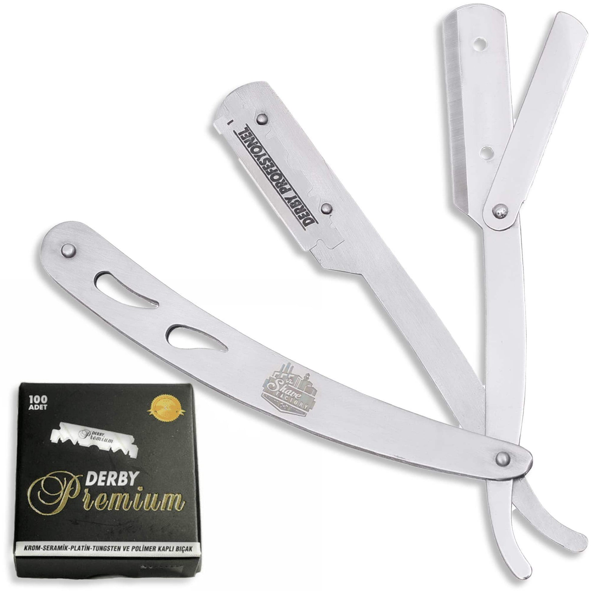 The Shave Factory Straight Edge Razor Kit (Steel Razor / 100 Derby Premium Single Edge Razor Blades) - BarberSets