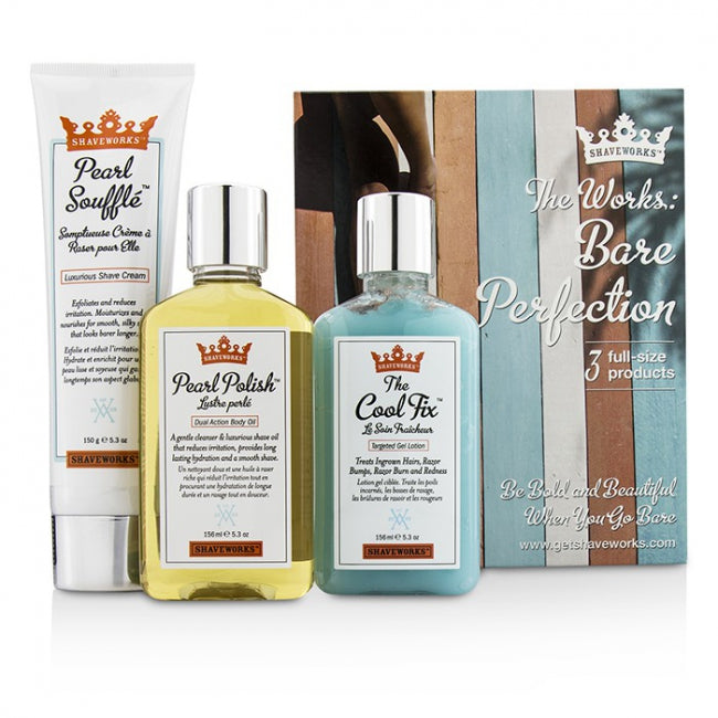 The Works Bare Perfection Kit by Shaveworks for Unisex - 3 Pc 5.3oz Cool Fix Gel Lotion, 5.3oz Pearl Souffle Shave Cream, 5.3oz Pearl Polish Dual Action Body Oil