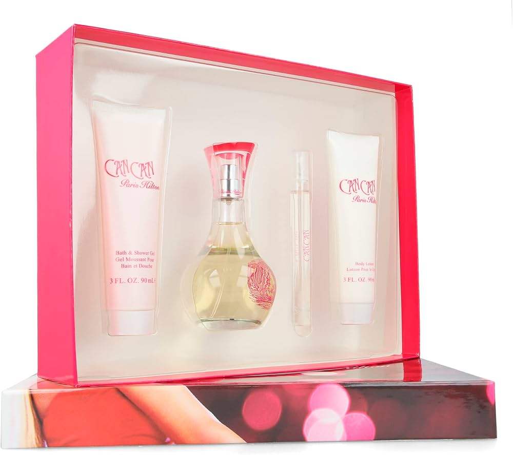 Can Can by Paris Hilton for Women - 4 Pc Gift Set 3.4oz EDP Spray, 0.34oz EDP Spray, 3oz Body Lotion, 3oz Bath and Shower Gel