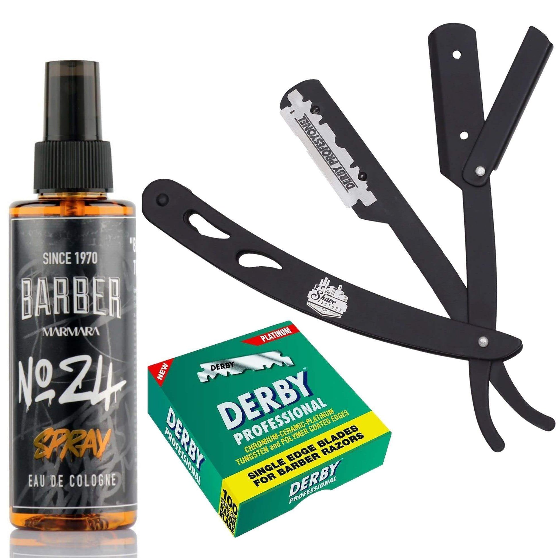 The Shave Factory Straight Edge Razor Kit (Black/Barber No24 50ml Cologne / 100 Derby Professional Single Edge Razor Blades) - BarberSets