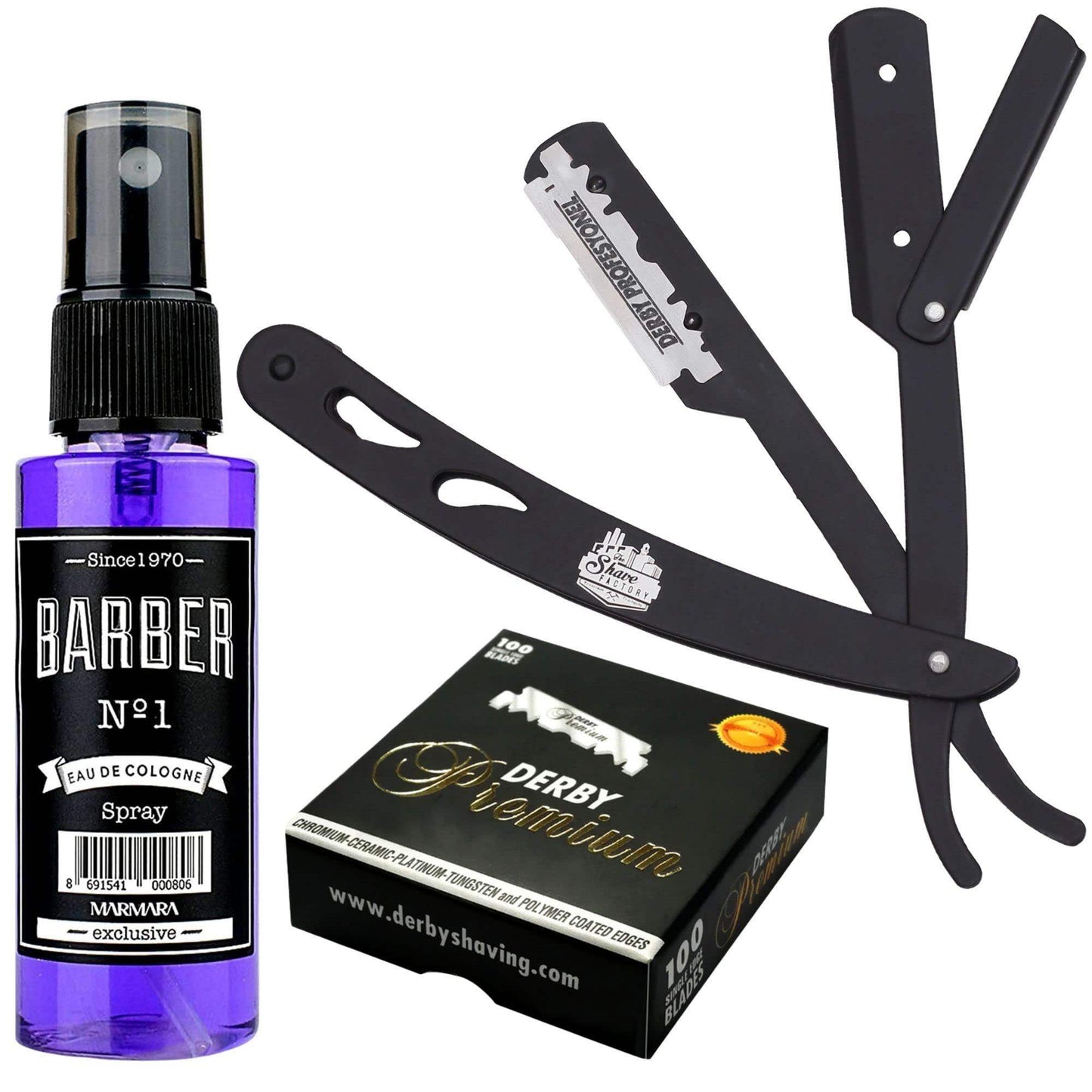 The Shave Factory Straight Edge Razor Kit (Black/Barber No1 Cologne 50ml / 100 Derby Premium Single Edge Razor Blades) - BarberSets