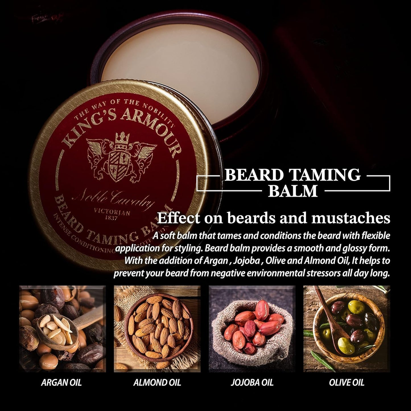 King's Armour Beard Balm - Styles, Strengthens, Softens and Nourishes Beards and Moustaches - Natural Beard Balm for Men with Argan, Jojoba and Sweet Almond Oil, 50 ml (1.69 Fl Oz)