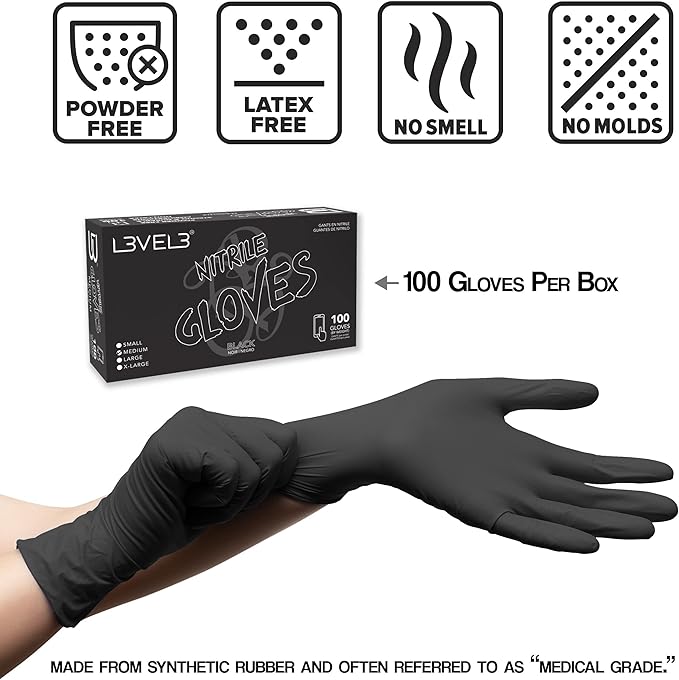 L3VEL3 Professional Nitrile Gloves Black - 10 Pack, 1000 ct
