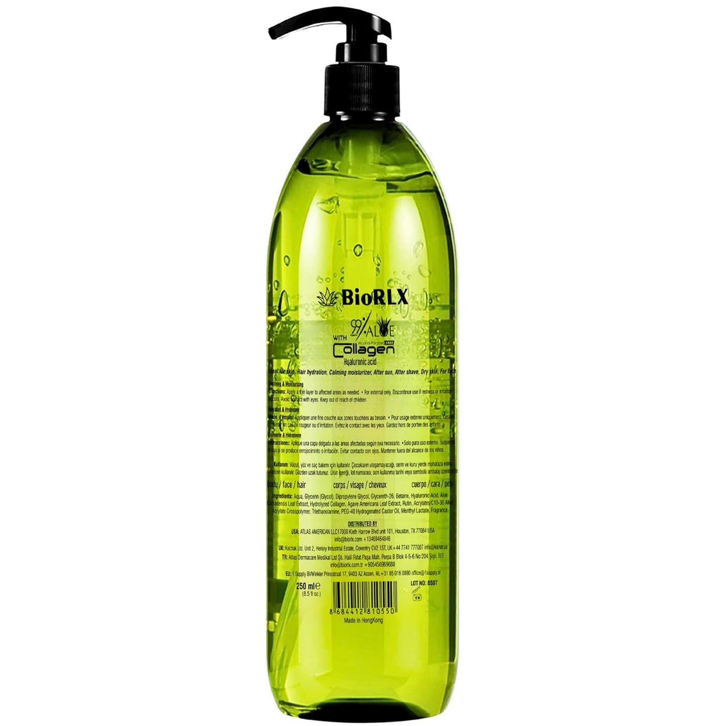 BioRLX 99% Purity Aloe Vera Gel with Collagen and Hyaluronic Acid with Pomp 250ml 8.45 fl oz