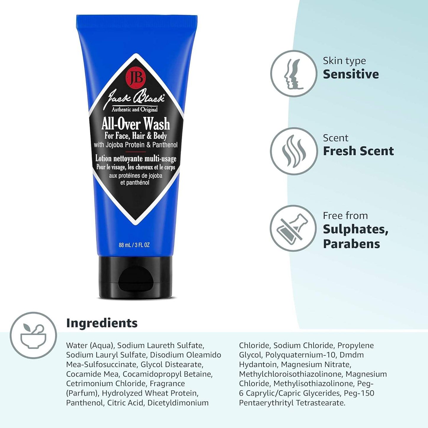 All-Over Wash for Face Hair and Body by Jack Black for Men - 10 oz Body Wash